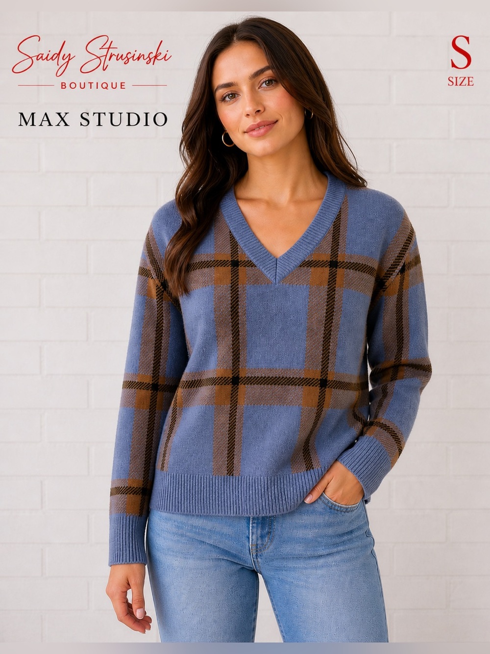 Max Studio Plaid V-Neck Sweater Blue Brown XS Cozy Chic